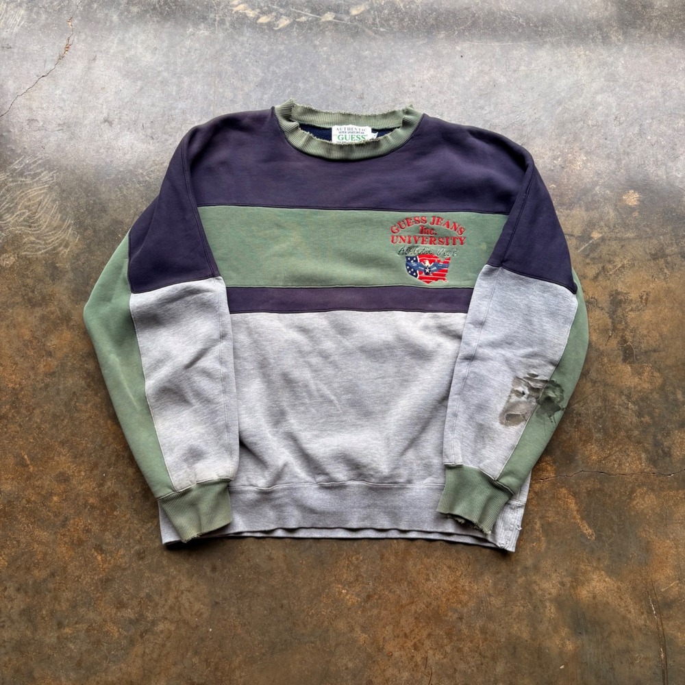 Vintage Guess Jeans University Sweatshirt XL Colorblock Distressed Navy Green‎